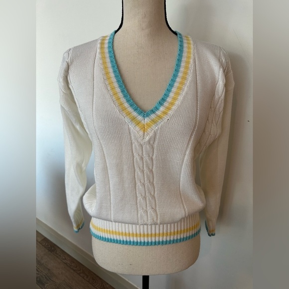 Nemus vintage pullover knit sweater Vneck 80s retro academia white striped SZ M - Picture 1 of 6